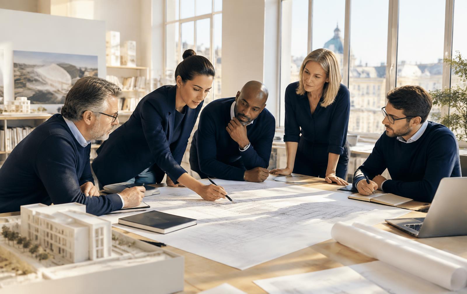 Équipe d'ingénieurs réunie autour de plans techniques